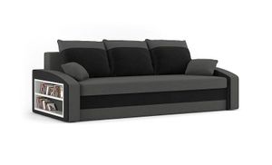 Couch HEWLET 220x90 mit REGAL LINKS und Schlaffunktion - Schlafcouch mit Bettkasten - STOFF HAITI 14 + HAITI 17 Grau&Schwarz