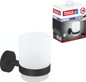 tesa Moon Black Zahnputzbecher aus satiniertem Glas mit Halter, matt schwarz - für Bäder im Industrial Style und Moderne Badezimmer - bohrfrei, inkl. Klebelösung