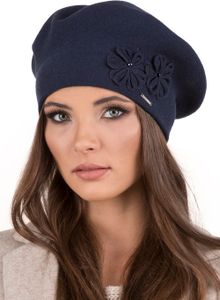 Vivisence Baskenmütze Damen mit Blumenapplikation Universalgröße - Mütze Damen Winter für Elegante Frauen Strickmütze herbst Wollmütze - Dunkelblau