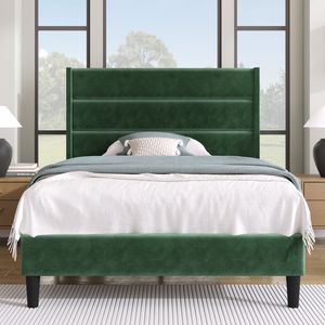 Čalúnená posteľ Merax 90x200 cm, zamatová posteľ pre mladých s lamelovým rámom a čelom, tmavozelená
