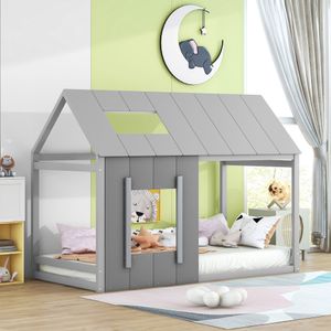 Flieks Kinderbett Hausbett 90x200cm mit Rausfallschutz, Bodenbett Holzbett Einzelbett Kinder, Spielbett mit Lattenrost, Grau