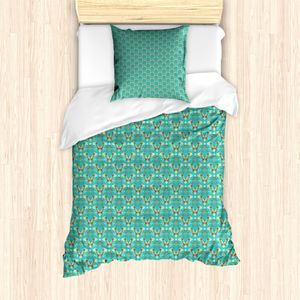ABAKUHAUS Damast Bettbezug Set für Einzelbetten, Abstrakt Vintage Alter Blick, Milbensicher Allergiker geeignet mit Kissenbezug, 135 cm x 200 cm - 80 x 80 cm, Turquoise Sepia