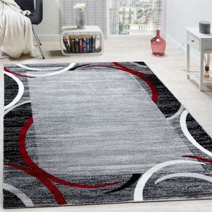 Wohnzimmer Teppich Bordüre Kurzflor Meliert Modern Hochwertig Grau Schwarz Rot, Grösse:140x200 cm