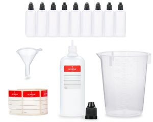 10 Plastikflaschen 100 ml LDPE, G14, Tropfeinsatz, Deckel schwarz, Mini-Trichter, 150 ml Messbecher