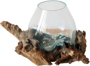 Wogeka - Glas-Vase auf Wurzel-Holz Ø Glas 12-13 cm Teakholz Gamal Glas S