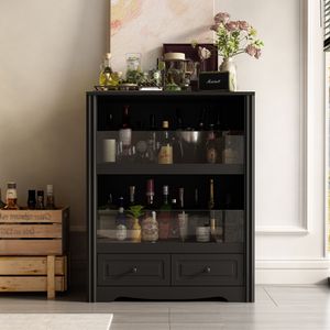 Weinschrank mit Glasfront, Bar-Kommode mit 2 Schubladen, transparenter Schutzverglasung und großzügigem Stauraum, Schwarz + Glas, MDF, 80 x 50 x 100cm
