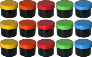 15 Salbendosen, Cremedosen 35ml schwarz mit farbigen Deckeln - hergestellt in Deutschland