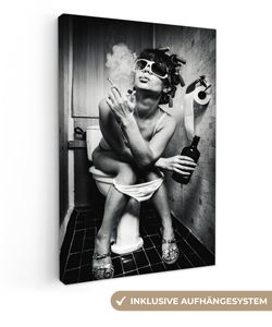 OneMillionCanvasses® - Leinwandbilder -Bild auf Leinwand Wandbild Leinwandbild Frau - Vintage - Lockenwickler - Toilette - Zigarette, 60x90 cm, Kunstdruck Wandkunst Wohnzimmer Schlafzimmer - Leinwandb