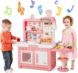 GOPLUS Kinderküche mit 49 Zubehör, Spielküche mit Desserttisch, Spüle, Ofen, Mikrowelle, Kochherd und Dampf, Kinderspielküche mit Musik (Rosa)