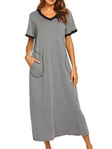 Damen Zu Hause Kurzärmeliges Schlafshirts Komfortabel Weicher Taschen Nachthemden Langes  Silber grau,Größe M
