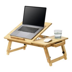 Bambusový stůl na notebook Trysil 55 x 35 x 28 cm Stůl na notebook pro max. 17" notebooky Lapdesk Postelový stůl se zásuvkou Skládací Výškově nastavitelný