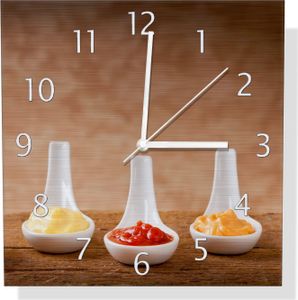 Wallario Design Wanduhr Verschieden Soßen auf Keramiklöffeln aus Aluverbund, Größe 30 x 30 cm