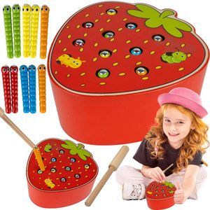 Malplay Dřevěná dovednostní hra "The Worms Catch" Magentic Fishing Game Strawberry De-worming Dřevěná hračka pro děti od 3 let