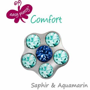 Medizinische Ohrstecker / Gesundheitsstecker / Erstohrstecker Easy Piercy Comfort "Flower" Saphir & Aquamarin