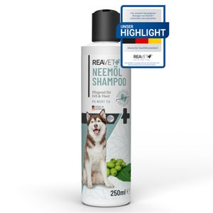 REAVET Hundeshampoo Neemöl 250ml – angepasster pH-Wert I Shampoo für Hunde mit wertvollem Neemöl I Vitale Haut, glänzendes Fell & Kämmbarkeit I Hundeshampoo