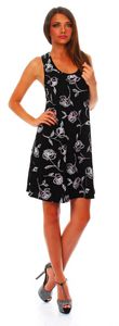 Wil Damen Sommer Kleid Minikleid Top Tunika Trägerkleid mit offenen Schultern mit Kreuz am Rücken Schwarz mit Muster M