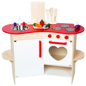 Schöne Kinderküche Spielküche aus Holz für Kinder inkl. Zubehörset - Farbe weiß rot natur