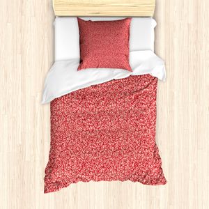 ABAKUHAUS Damast Bettbezug Set für Einzelbetten, Vintage Blumen Curls, Milbensicher Allergiker geeignet mit Kissenbezug, 135 cm x 200 cm - 80 x 80 cm, Blush und Vermilion