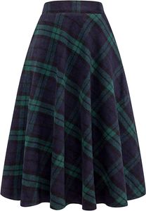 Womens High Elastic Waist Maxi Skirt A-line Plaid Winter Warm Flare Long Skirt