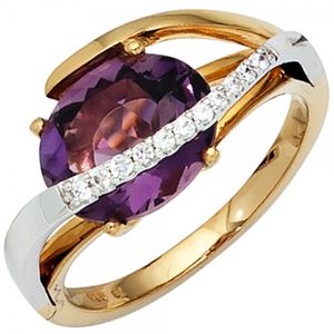 JOBO Damen Ring 585 Gold Gelbgold Weißgold 11 Diamanten Brillanten 1 Amethyst Größe 54