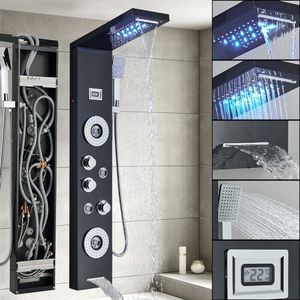 Čierny sprchový panel Nerezová oceľ LED sprchový stĺp Sprchová batéria Rain Shower Masážna sprchová batéria