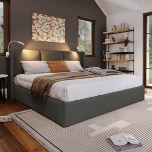 Merax Čalúnená posteľ 160x200 cm so zásuvkou na posteľ bez základnej dosky, posteľ s hydraulickou pružinou z umelej kože s funkciou čítania a nabíjania USB, funkčná posteľ Manželská posteľ s úložným priestorom, sivá