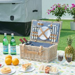 Picknickkorb ‘Lumparland’ Komplettset für 4 Personen Weide 42 x 28 x 20 cm Weiß / Blau