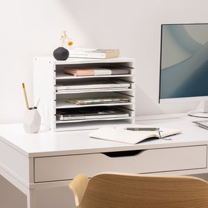 Navaris Dokumentenablage Briefablage Bambus - 33x26x24,5cm Schreibtisch Organizer - Holz Ablage 5 Ablagefächer - Ablagesystem für u.a. Büro - Weiß
