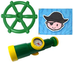 Wippchen-Shop Spielturmzubehör 3in1 SET Teleskop mit Kompass+ Fahne Pirat+ Schiffrad Spielhaus Spielturm Grün