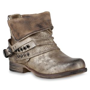 Mytrendshoe Damen Biker Boots Leicht Gefütterte Stiefeletten Metallic Schuhe 818838, Farbe: Gold, Größe: 38