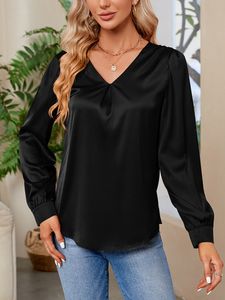Damen Blusen Satin Tops V-Ausschnitte Tshirt Casual Bluse Elegant Solide Hemden Schwarz,Größe L