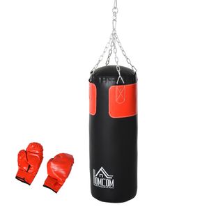 HOMCOM Boxsack-Set Box-Set mit Boxhandschuhen Gefüllt Set für Erwachsene Jugendlichen Hanging Boxing Heavy Bag 16 KG Ø30 x 120 cm Schwarz+Rot