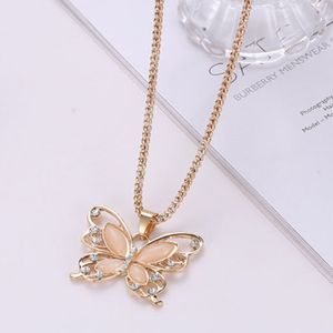 Mode Frauen Rose Gold Opal Schmetterling Charm Anhänger langkettige Halskette Schmuck Halskette