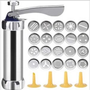 Cookie Press Aus Aluminium Kekspresse-Set, Keksmaschine Gebäckpresse mit 20 Aufsätzen für dünnen Teig, Edelstahl, Silber