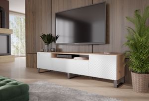 TV-Schrank Nicole III Fernsehschrank TV-Lowboard 200 cm Design dreitürig Wohnzimmer Push-To-Open Funktion gefräste Fronten (Farbe: Eiche artisan, weiß)