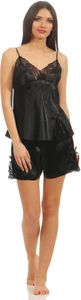 Damen Nachtwäsche Pyjama Set Kurz aus Satin & Spitze; Schwarz S Damen Nachtwäsche Pyjama Set Kurz aus Satin & Spitze; Schwarz S