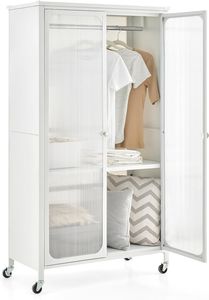 COSTWAY mobiler Kleiderschrank mit Hängestange & verstellbarem Regal, Garderobenschrank aus Metall mit 2 feststellbaren Rollen & durchsichtigen Schranktüren für Schlafzimmer, Weiß