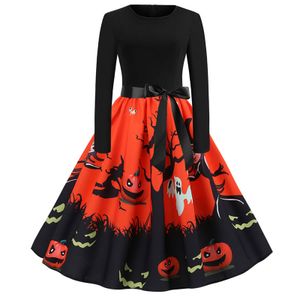 Damen Langarm Slim Kleid Halloween Print Rundhalskleid,Farbe: rot,Größe:M
