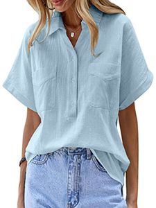 Damen Solid Color Tops Elegantes Tunika Hemden Comfy Button Down Baumwoll Leinen Hemd Hellblau,Größe 2XL