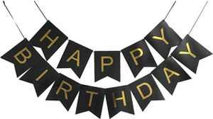 Girlande Happy Birthday, Schwarz, mit goldenen Buchstaben
