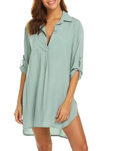 Damen Blusenkleider Strandkleid Button Down Sommer Kleider Lässig Freizeitkleider Hellgrün,Größe XL