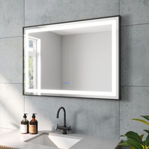 Badspiegel mit LED Beleuchtung Schwarz Rahmen 100x70cm SAUTENS Typ C | Touch Sensor Dimmbar Spiegelheizung Kaltweiß 6400K Neutralweiß 4500K Warmweiß 3000K
