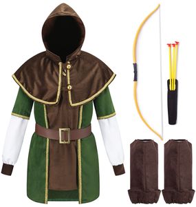 Kinder Robin Hood Kostüm mit Pfeil und Bogen | Für Jungen & Mädchen | grün, braun Größe 122/128
