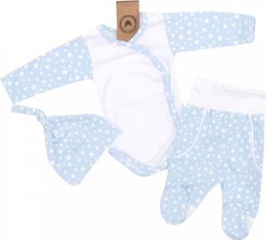 Baby Jungen Set 3-teilig Body Hose + Mütze Gr. 56 Sterne hellblau weiß