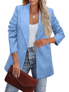 Damen Blazer Reverskragen Business Jacken Casual Outwear Langarm Arbeit Mantel Bluses Blau,Größe XL