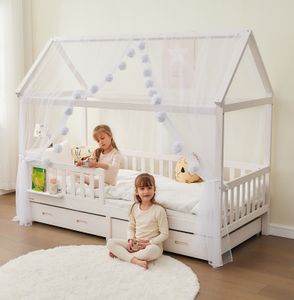 Alavya Home® Hausbett 90 x 200 cm mit Buchablage Weiß - KOMPLETT SET mit Matratze und Schubladen