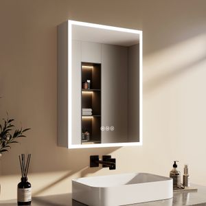 EMKE Spiegelschrank mit Beleuchtung 145 x 500 x 700 mm LED Spiegelschrank mit beschlagfrei und Steckdose, 3-Farbiger dimmbarer - 1 Tür Badschrank