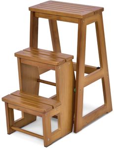 COSTWAY Rebrík na stoličku 3 kroky, skladací rebrík na stoličku, rebrík do domácnosti, rebrík z masívneho dreva