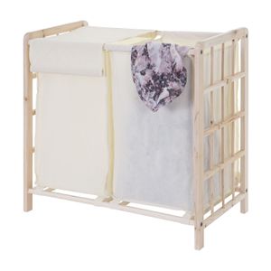 Wäschesammler HWC-B60, Laundry Wäschebox Wäschekorb, Massiv-Holz 2 Fächer 60x60x33cm 68l  hellbraun, Bezug creme