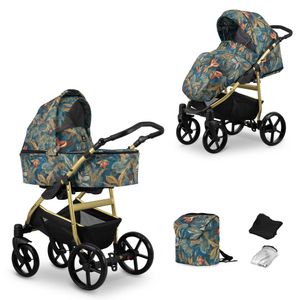 Kinderwagen MATA Sportwagen Babywagen Babyschale Komplettset Kinder Wagen Set 2 in 1 (jungle, Rahmenfarbe: Gold)